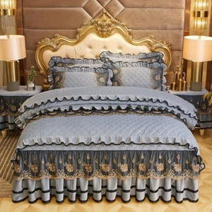 Luxury Lace Crystal Velvet Bedding Set Queen King Duvet Cover Quilted Bedskirt - Picture 1 of 54