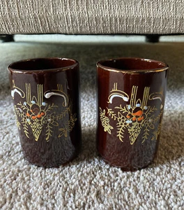 Traditional Japanese Chawan Footed Ceramic Tea Cups 2 Set Hand Painted Red Clay - Picture 1 of 12
