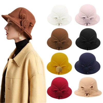 Mujeres Vintage Lana Fieltro Cubo Gorra Flor Damas Invierno Cloche Iglesia Bowler Sombrero Foto 1 de 4