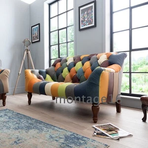 Stirling Mr Bright Patchwork Leather Button Back Seat Petite Sofa Colours - Picture 1 of 8