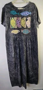 Liz And Jane Vestiti Maxi Abito XL Stampa Pesce Cotone Maglia Nero Lavaggio - Foto 1 di 5