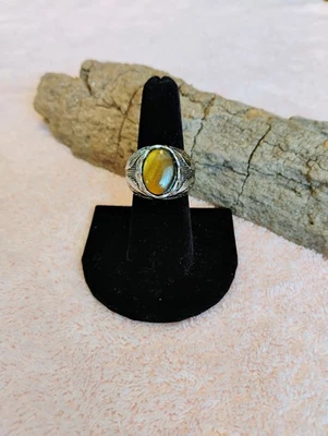 Anillo unisex ojo de tigre pulido acero inoxidable grabado en laterales. Talla 7 Foto 1 de 4