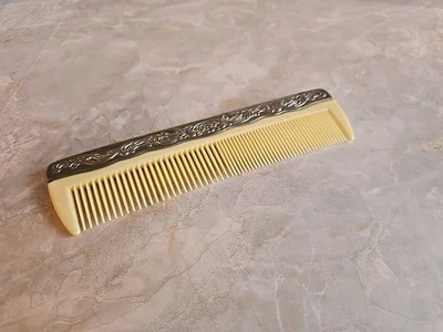 Vintage Silver Plated Celluloid Comb with Ornate Floral Design Vanity 7.25”  - Image 1 of 4