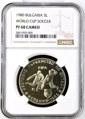 Moneda de fútbol americano Bulgaria 1980 5 Leva NGC PF68 camafeo Foto 1 de 4