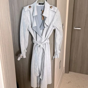 NEW! $298 FEW MODA faux suede lt blue trench coat XS - Picture 1 of 9