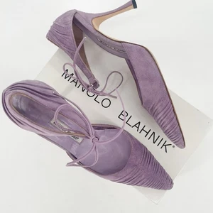 Manolo Blahnik Retro Lavender Suede Ruched Ankle Tie Pointed Toe Pump size IT 40 - Picture 1 of 12