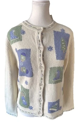 Women’s Croft And Barrow Embroidered Winter Knit Top Soft Blue & Green Trees PM - Image 1 of 4