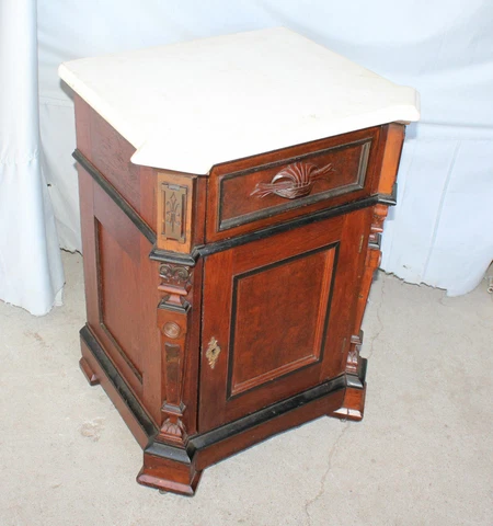 Antique Walnut Half Commode or Night Stand with White Marble Top Cover