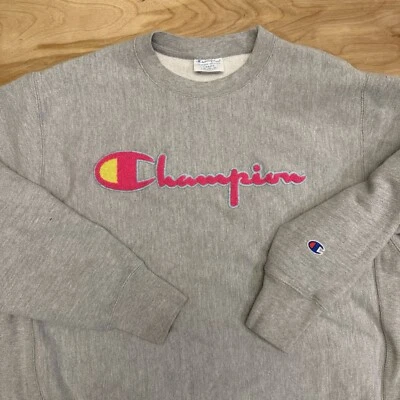 Champion Tejido Inverso Para Hombres L Gris Peso Pesado Deletrear Cuello Redondo Sudadera Foto 1 de 4