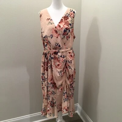 ELIZA J Dress Pastel Pink Peach Blush Floral Sz 18 Ruched Wrap Midi Romantic - Image 1 of 4