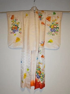 Japanese Kimono ~ Beautiful ~Flowers and Fans~ US Seller/Fast Shipping! - Picture 1 of 7