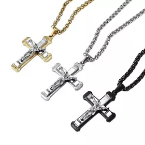 Herren Jesus Edelstahl Silber Gold Schwarz Mehrfarbig Kreuz Anhänger Neclace - Bild 1 von 53