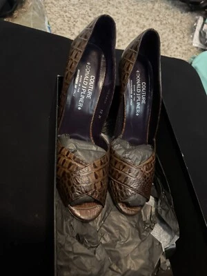 Donald J Pliner Couture Bronceado Gator/Impresión Leopardo Punta Abierta Tacones 3.5" 10M Foto 1 de 4