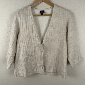 Eileen Fisher S Tan Neutral Linen Cotton Tie Front Kimono Jacket - Picture 1 of 5