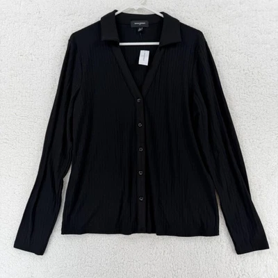 Camisa Banana Republic Mujer Grande Negra Acanalada Botón Frontal Cuello Top Foto 1 de 4