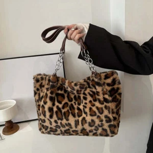 Leopard Print Tote Bag Fluffy Style Luxury Medium Handbag Chain Handle Shoulder - Picture 1 of 26