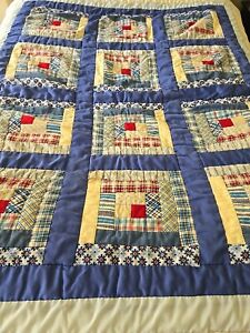 Vintage Handmade Log Cabin Quilt Rich ASST. Colors Twin/Full  Cotton Batted