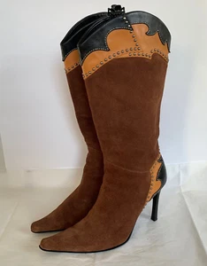 Glory Chen Tall Boots Brown Suede/Leather Black Studded Heels Women's - Size 9.5 - Picture 1 of 18