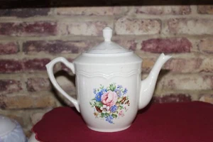PERUGINO STONE WARE TEAPOT w/Lid Blue/Pink/Purple Floral 1980's VTG - Picture 1 of 5