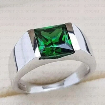 Anillo solitario de esmeralda natural corte princesa de 5,00 quilates chapado en oro blanco de 18 quilates para hombre Foto 1 de 4
