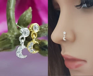 925 Sterling Silber Nasenpiercing Zirkonia Halbmond Piercing Nasenstecker Mond - Bild 1 von 12