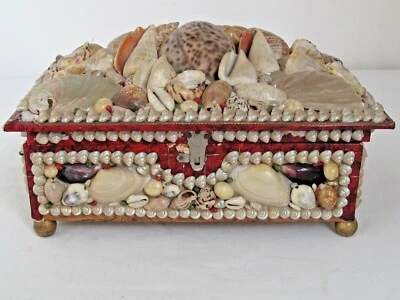 Antiguo 19c. Joyero Seashell 9" X 5 5/8" X 4 3/4" Foto 1 de 4