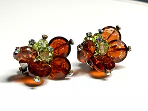Vintage Clip on Earrings Plastic Peridot Amber W Germany Silver Metal Butterfly - Picture 1 of 12