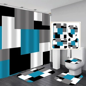 Geometric Blue Shower Curtain Sets Non-Slip Rugs Toilet Lid Cover and Bath Mat - Picture 1 of 7