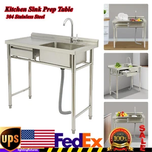 Commercial Kitchen Sink Prep Table w/ Faucet Stainless Steel Right Compartment - Picture 1 of 13