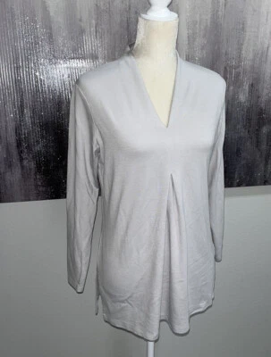 Renuar Gray Long Sleeve V Neck Stretch Knit Tunic Top Pullover Pleated Capsule S - Image 1 of 4