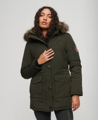 Superdry Womens Everest Faux Fur Hooded Parka Jacket, Abyss Khaki Green Quilted - Image 1 of 4