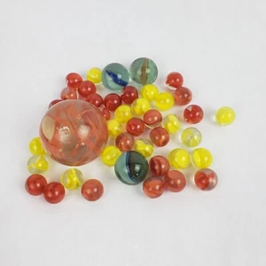 Vintage Glass Marbles Mixed Set w Large Shooter & Swirls Red Yellow Green Glows! - Picture 1 of 7