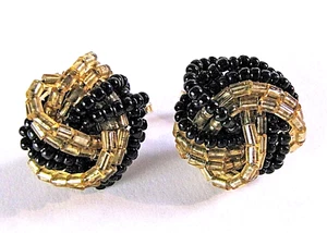 Vtg Clip On Earrings Gold & Black Beaded Love Knot Stud Leverback Beads Round - Picture 1 of 2