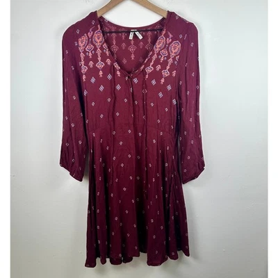 Vestido Mudd Para Mujer Cuello en V Manga 3/4 Estampado Medallón Y2K Rayón Borgoña Mediano Foto 1 de 4