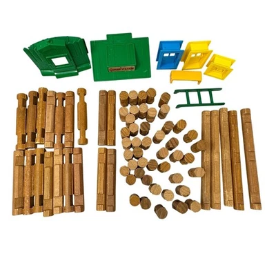 Lincoln Logs Ranger Station 7 Plastic Accessories and 67 Wood Pieces Incomplete - Image 1 of 4