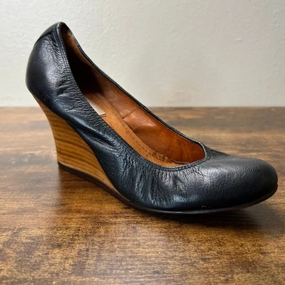 复古 Lanvin 木制楔形高跟鞋 5-5.5 女式黑色皮革一脚蹬磨砂 — 第 1/4 张图片