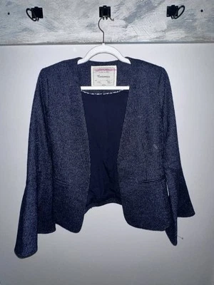 Блейзер женский Cartonnier Anthropologie темно-синий в тонкую полоску с рукавами-раструбами шерстяная смесь 4 - Изображение 1 из 4