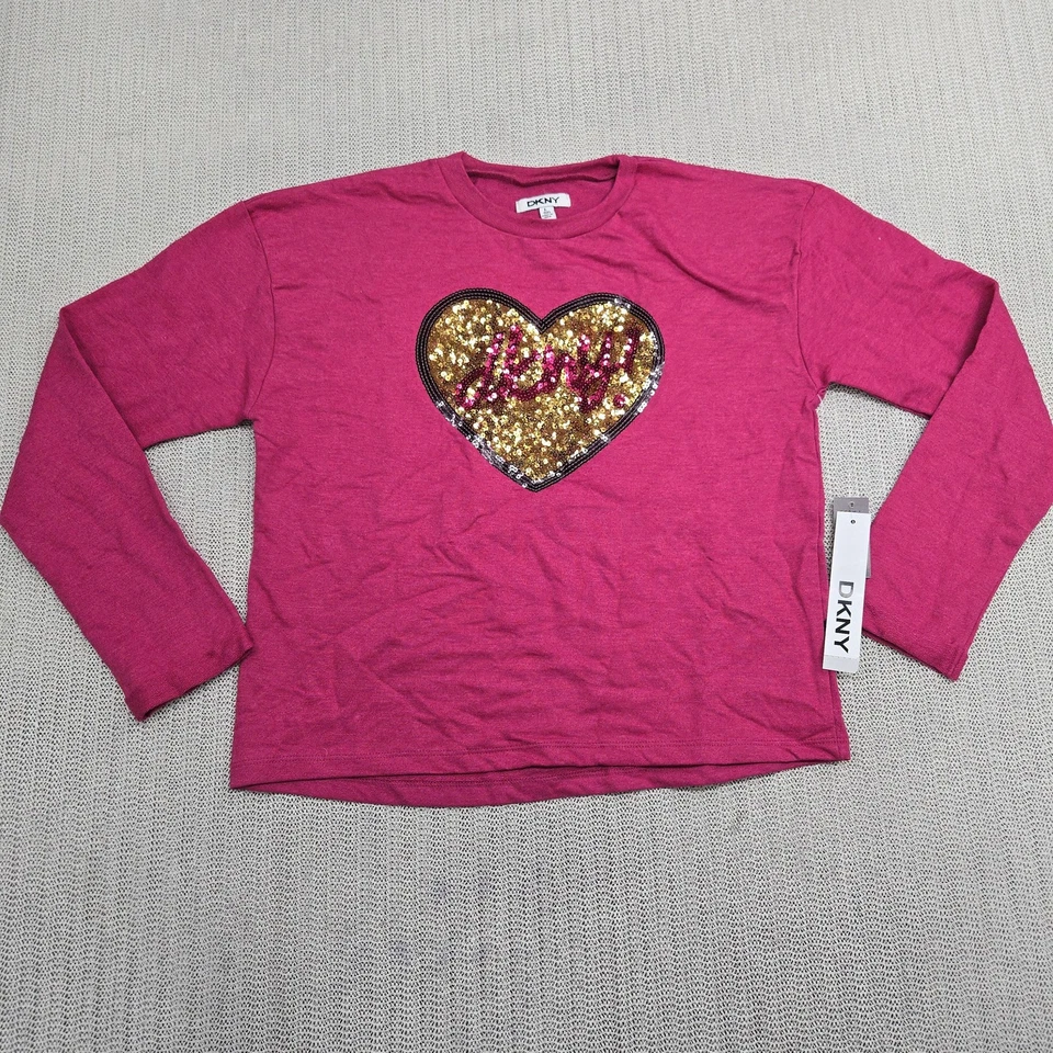 DKNY Shirt Girls Large 12 Pink Long Sleeve Sequin Heart Graphic New With Tags - Image 1 of 4