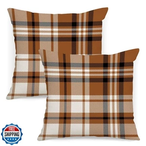 Fall Plaid Pillow Covers 18x18 Set of 2 Orange Beige Check Plaid Tartan Gingh - Picture 1 of 5