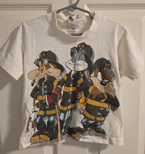 Youth Vintage 1997 Firefighter Looney Tunes Double Sided White Shirt Size Small  - Picture 1 of 6