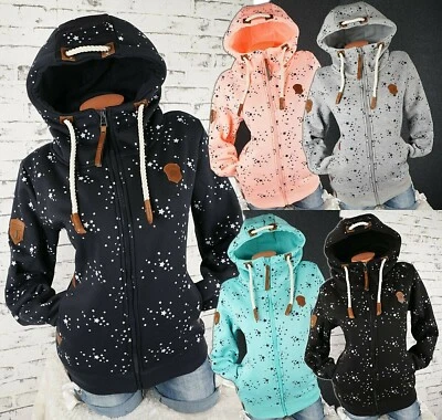 Damen Sweat Jacke Kapuze Hoodie Fleece gefüttert Übergangsjacke Sterne StarM-3XL - Bild 1 von 4