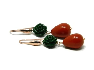 Orecchini roselline di resina verde e gocce di pasta di corallo rosso Sardegna - Imagen 1 de 4