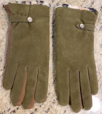 Guantes verdes 9" de gamuza sintética con forro de leopardo talla pequeña vintage Foto 1 de 4