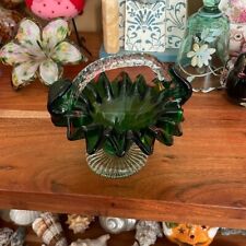 Vintage Hand Blown Green Art Glass Basket With Crimped Ruffle Edges
