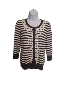 Talbots Womens Cardigan Sweater PS Black White Striped Floral Embellished Preppy - Bild 1 von 7