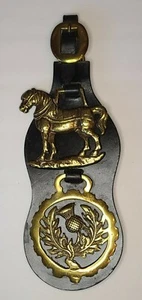 Vintage Horse Medallion- Horse Tack w/Leather Strap and 2 Brass Medals- 10" long - Picture 1 of 6