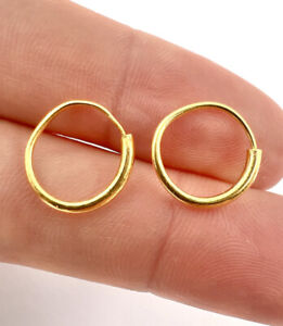 Real 24K Yellow Gold Hoop Earrings Woman's Girl Smooth Small Circle Gift 13mmDia
