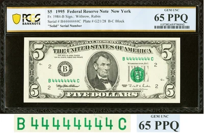 $5 4444444 True Super SOLID Número de Serie Fancy Five Dollar 1999 PCGS Gem 65PPQ Foto 1 de 3