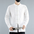 Men Cotton Linen Shirt Casual Long Sleeve Top Mandarin Collar Frog Button Retro