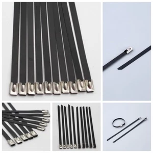 10PCS 12" Black Locking Stainless Steel Zip Ties For Cable Exhaust Header Pipe - Picture 1 of 7